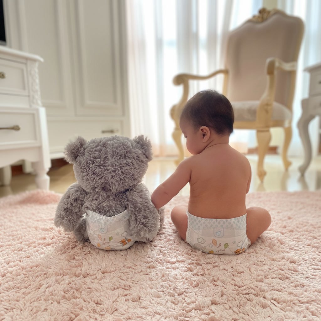 Newborn baby wearing a soft disposable diaper lying on a white bed