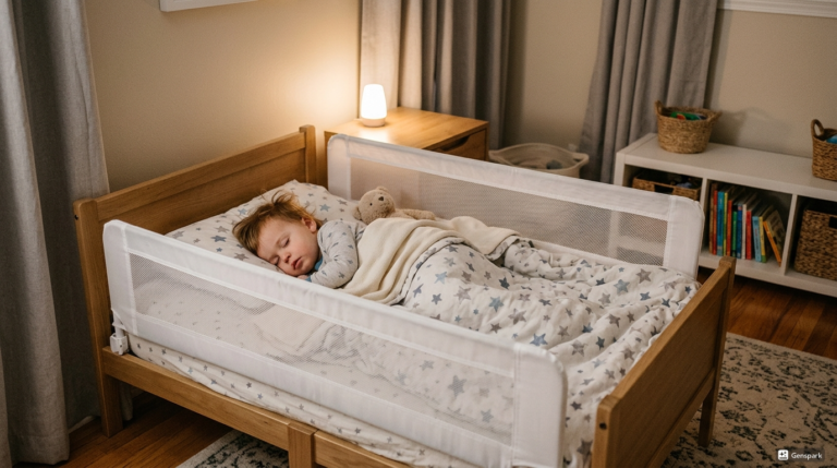 Toddler sleeping safely in a bed with full mesh bed rails on all sides to help prevent falling out during sleep.