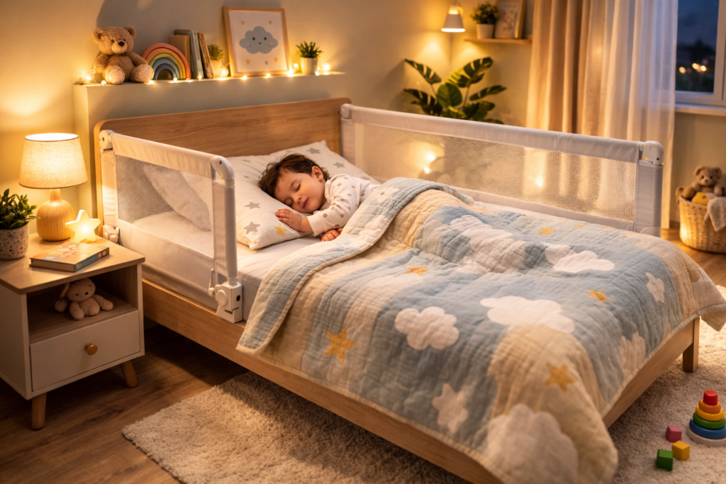 Toddler sleeping safely in bed with breathable mesh bed rail installed for fall protection